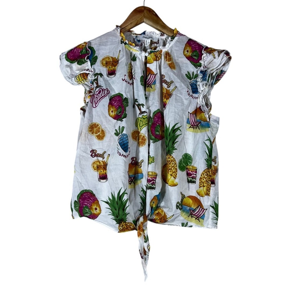 Haven + Blair Tropical Pineapple Cocktail Print Tie Front Ruffle Top White Sz L